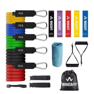 Promotional picture of the Whatafit resistance band set on a white background.