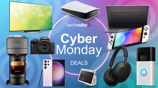 Assortment of tech products on a blue background with Cyber Monday deals text overlay