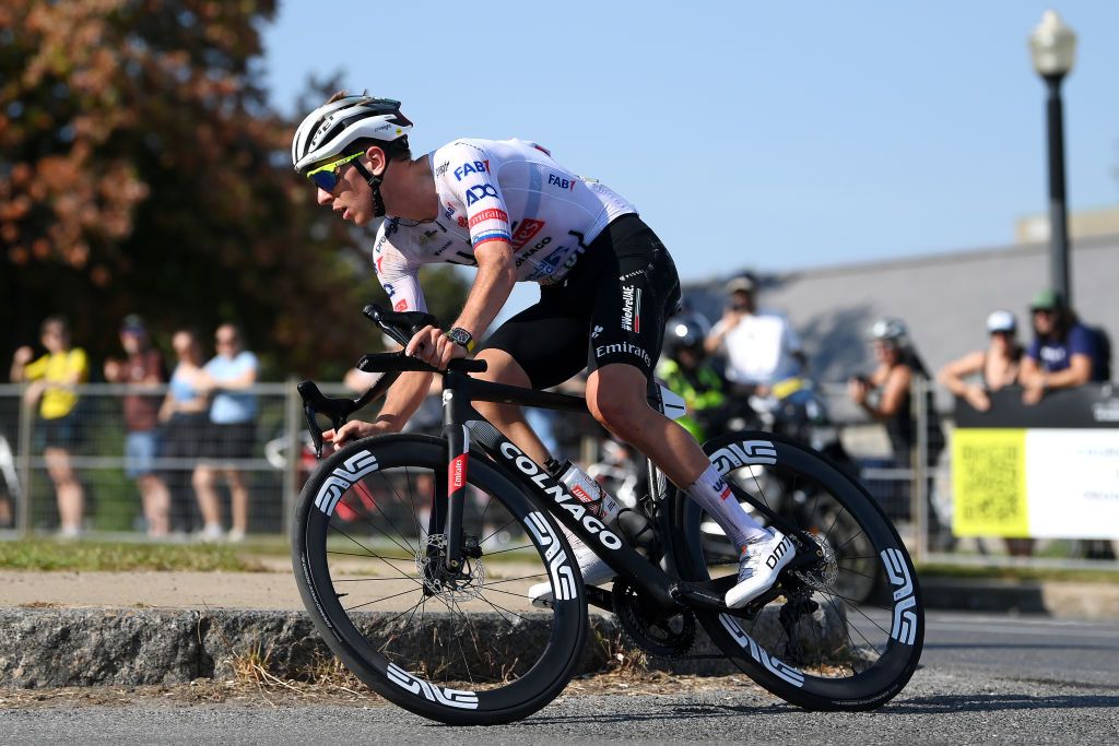 MONTREAL QUEBEC SEPTEMBER 15 Tadej Pogacar of Slovenia and UAE Team Emirates competes in the breakaway during the 13th Grand Prix Cycliste de Montreal 2024 a 2091km one day race from Montreal to Montreal UCIWT on September 15 2024 in Montreal Quebec Photo by Alex BroadwayGetty Images