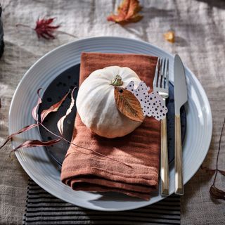 a small pumpkin on a tablesetting with a napkin, plates and knife and fork