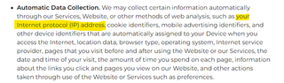 A privacy policy claiming to log user IP addresses