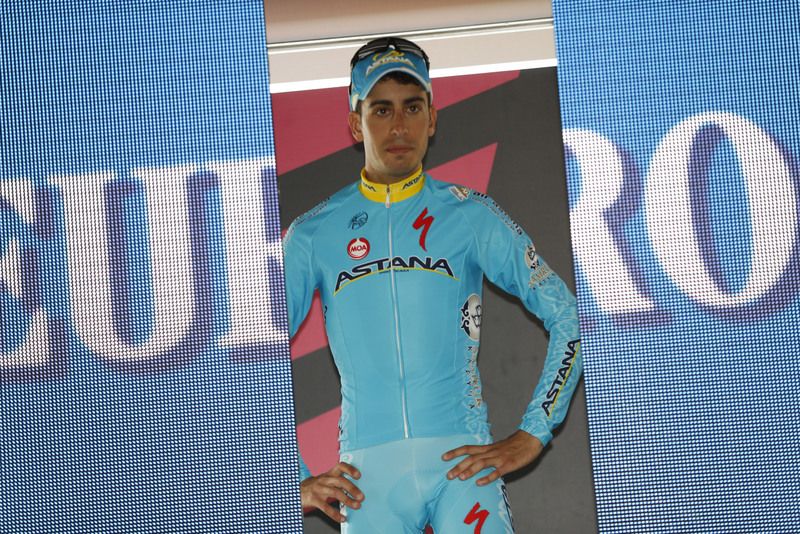 Fabio Aru (Astana) waits to collect his best young rider jersey