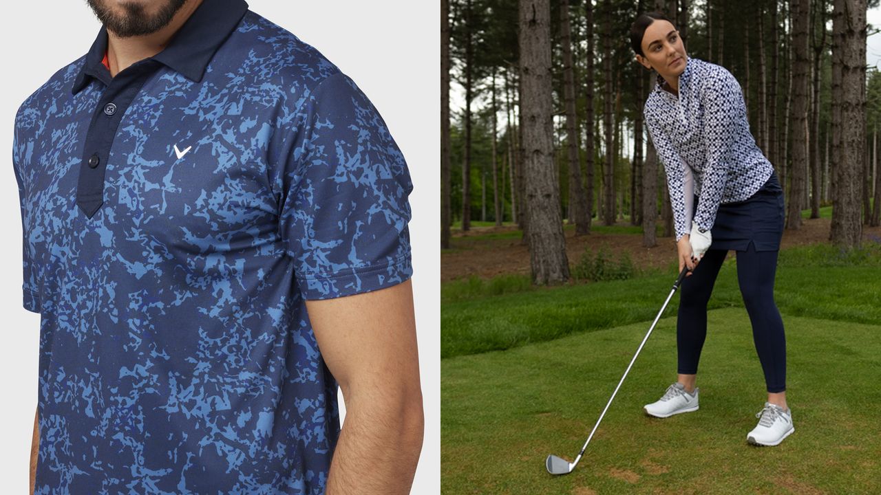 Men&#039;s polo shirt and women golfing pictured