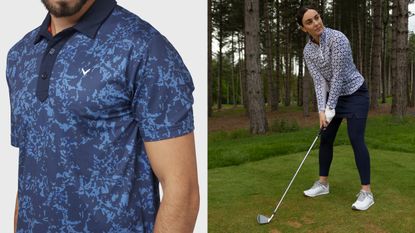 Men's polo shirt and women golfing pictured