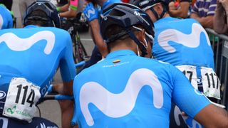 Each Movistar rider has their social media handle on the rear panel of their jerseys