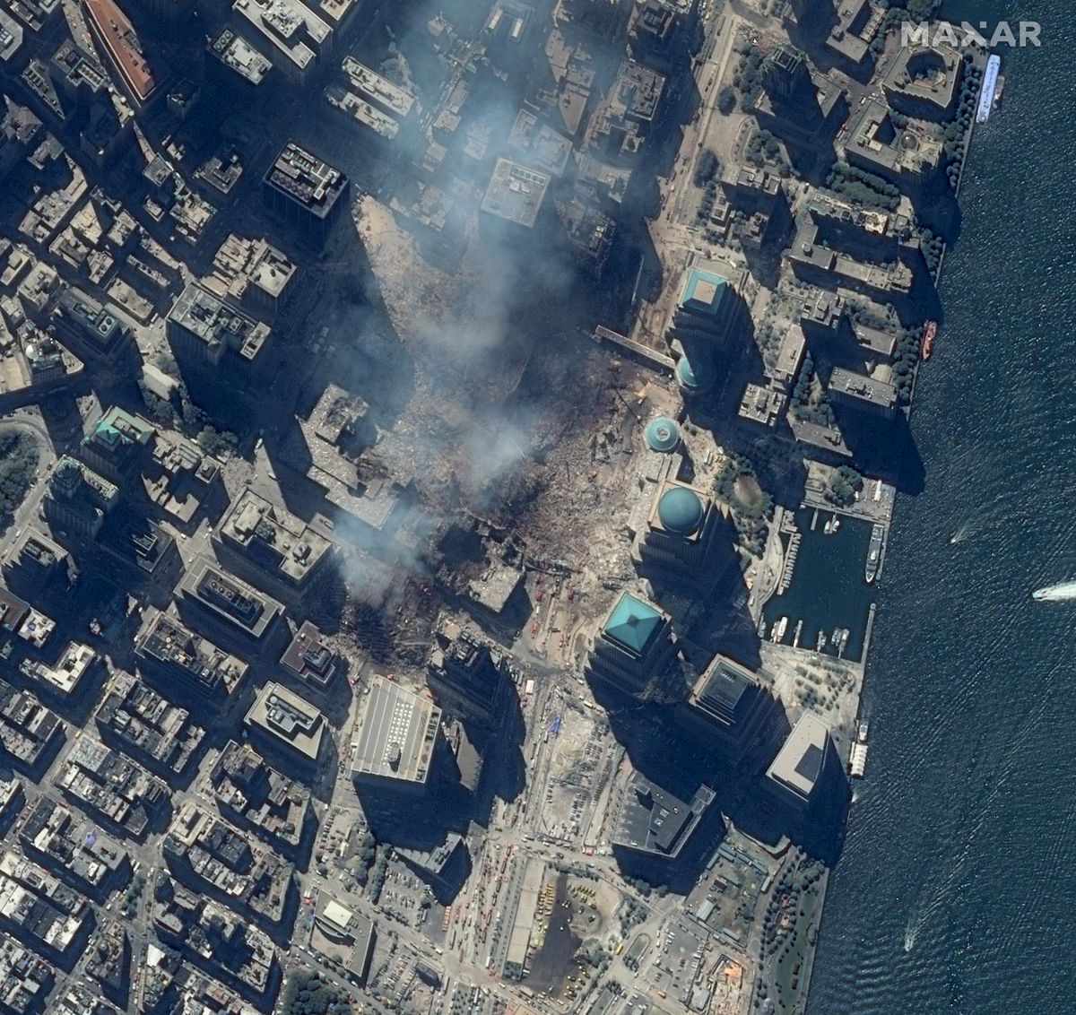 A few days later, on Sept. 15, 2001, IKONOS photographed Ground Zero again, revealing the destruction in the area after most of the smoke had cleared.