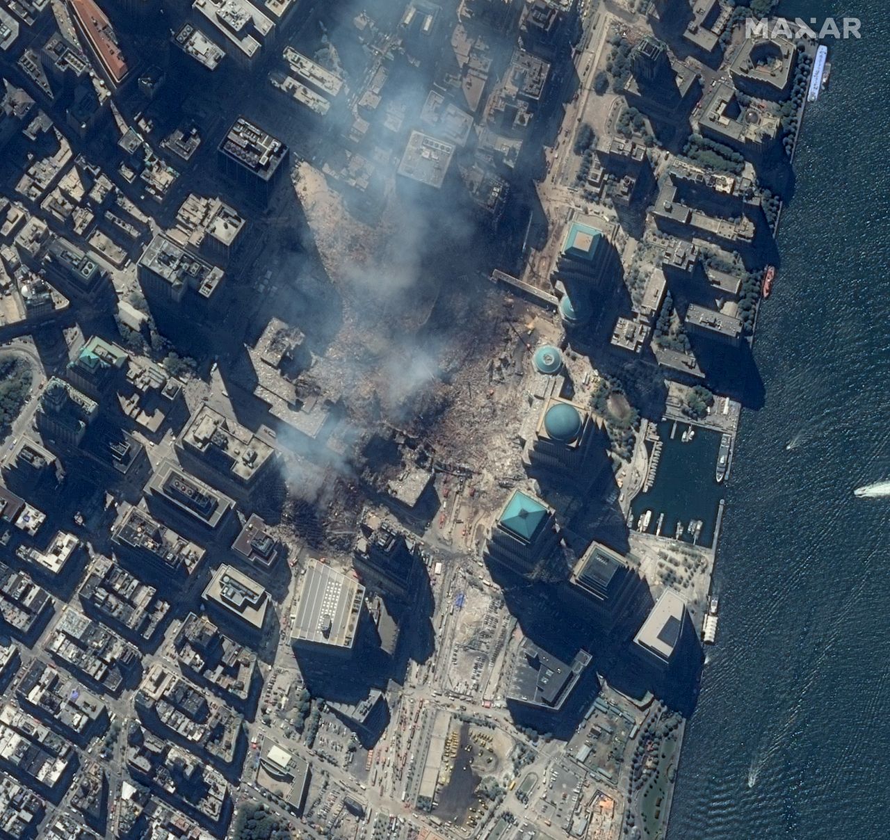 A few days later, on Sept. 15, 2001, IKONOS photographed Ground Zero again, revealing the destruction in the area after most of the smoke had cleared.