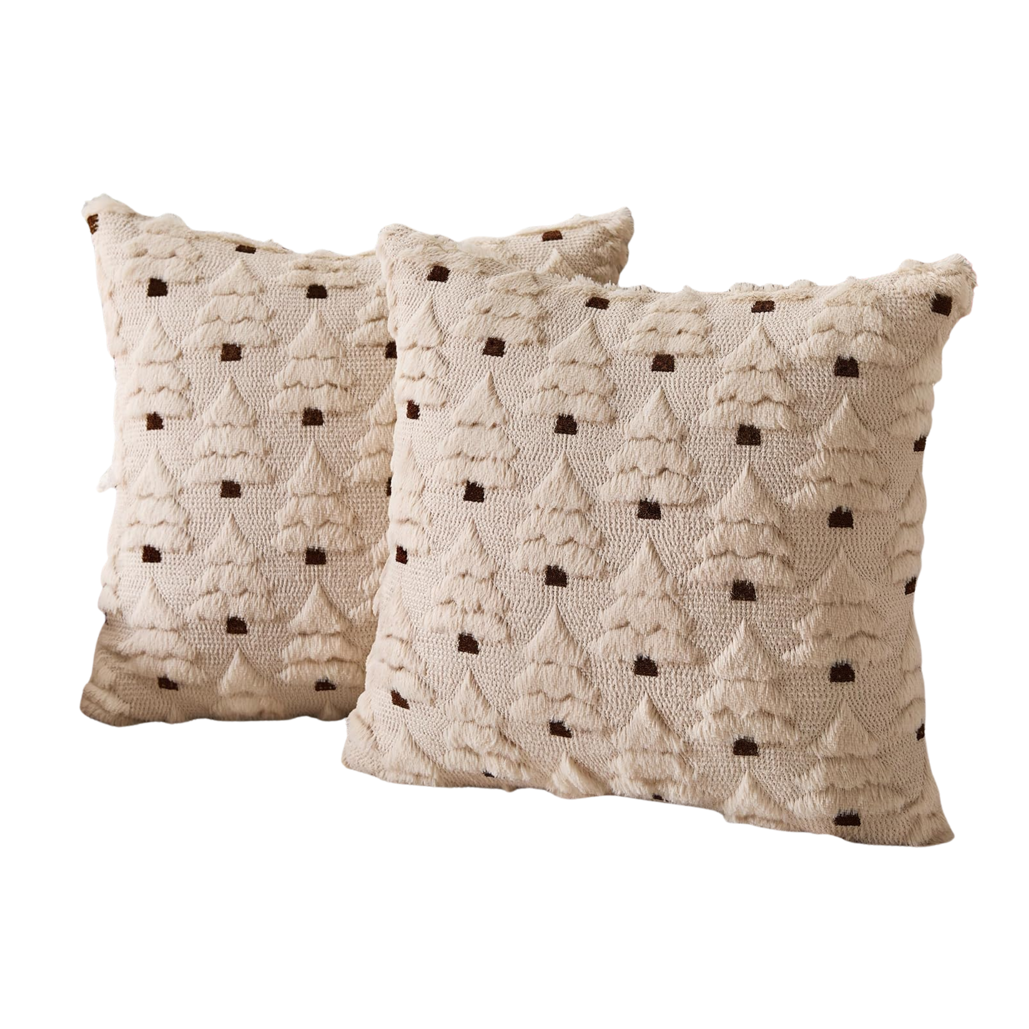 two Christmas pillows with Christmas trees on them