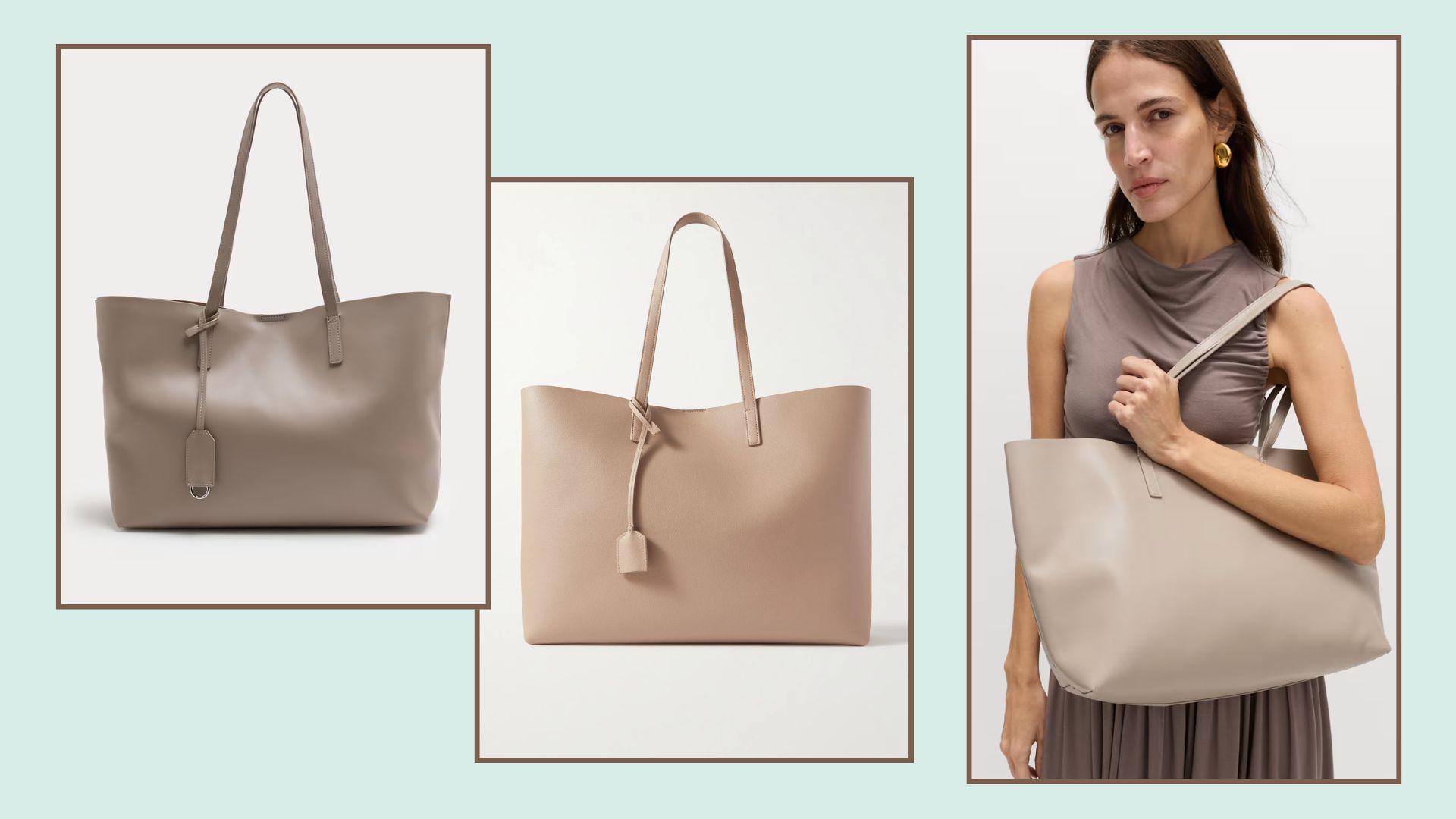 two still life shots of bags and one model image 