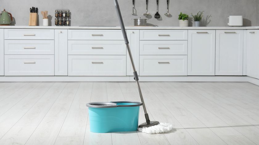 Blue bucket and mop on kitchen floor