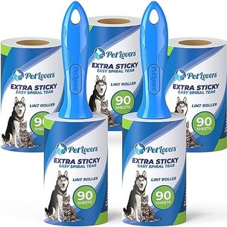 Petlovers Extra Sticky Lint Roller with blue handle and label with black and white husky and tortoiseshell cat