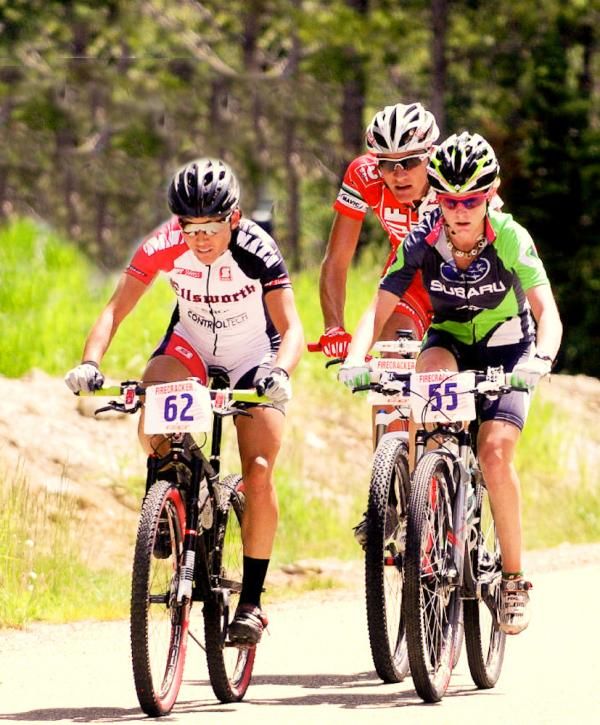 Pua Sawicki (Okole Stuff.com) leads Heather Irmiger (Subaru-Trek) and Brady Kappius (Cliff Bar) up the Boreas Pass road climb in 2009