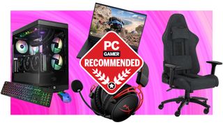 iBuyPower, HyperX, Razer, Corsair products composited on a pink gradient background