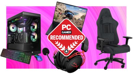 iBuyPower, HyperX, Razer, Corsair products composited on a pink gradient background