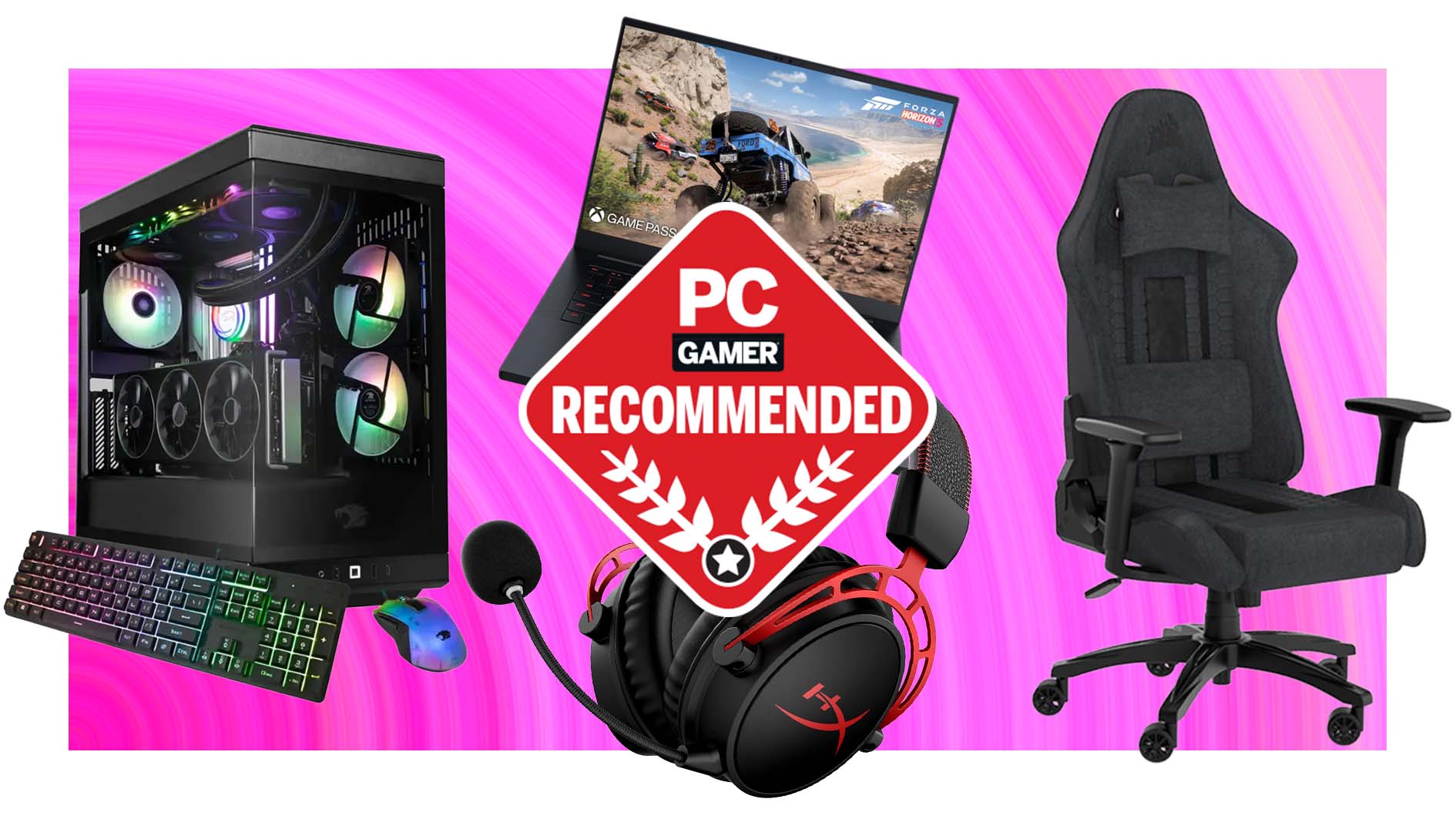 iBuyPower, HyperX, Razer, Corsair products composited on a pink gradient background
