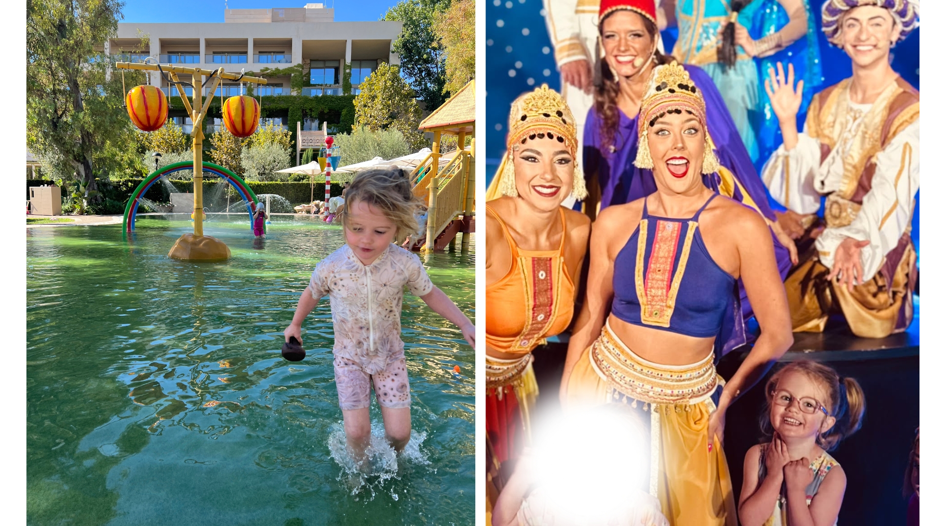 Little girl in a child's swimming pool with slide - next to an image of her standing next to stage performers at Garden Theatre at Sani Resort