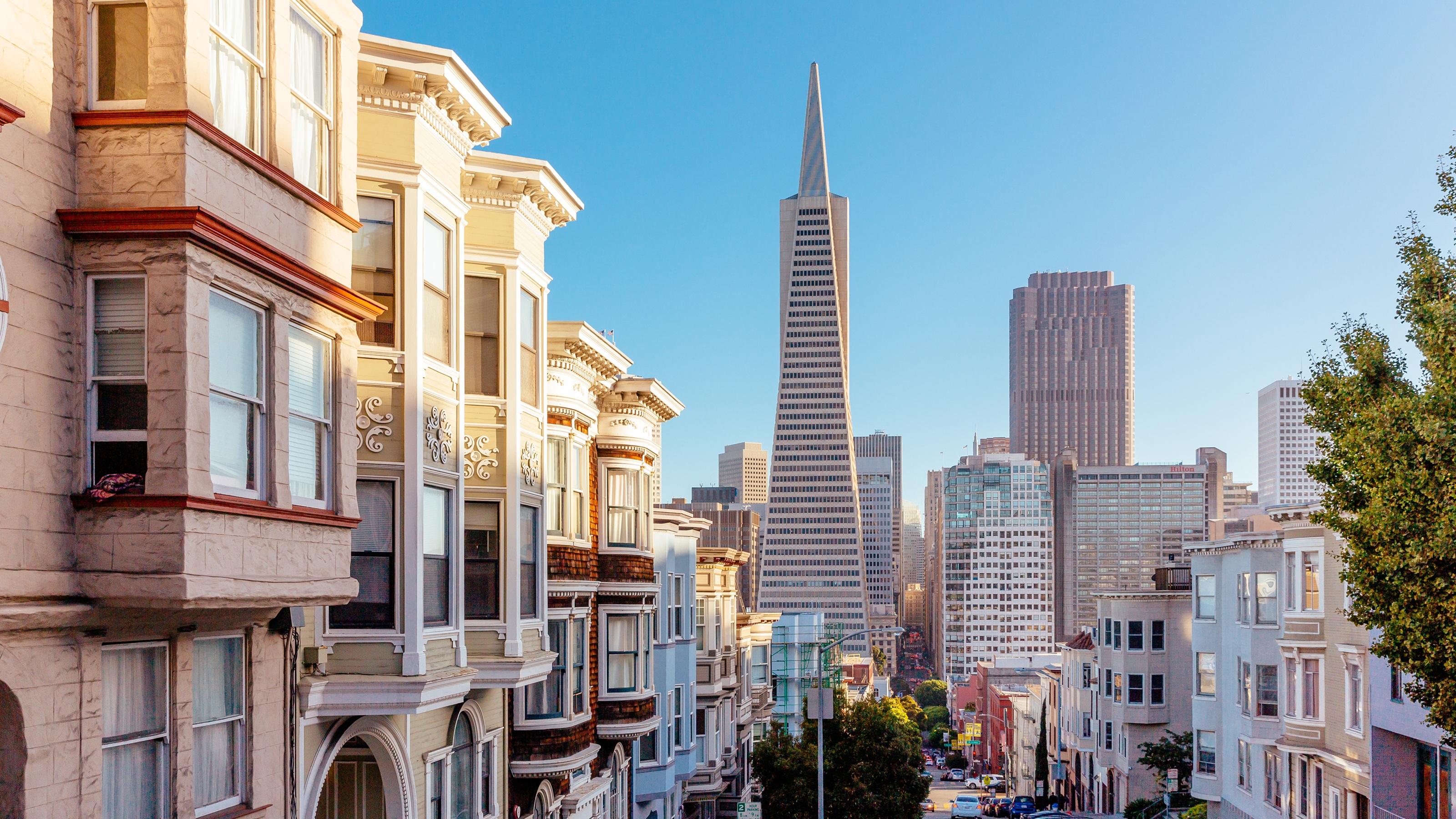 The San Francisco skyline on a sunny day.