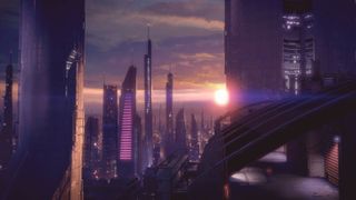 A view over a futuristic city in Mass Effect 2.