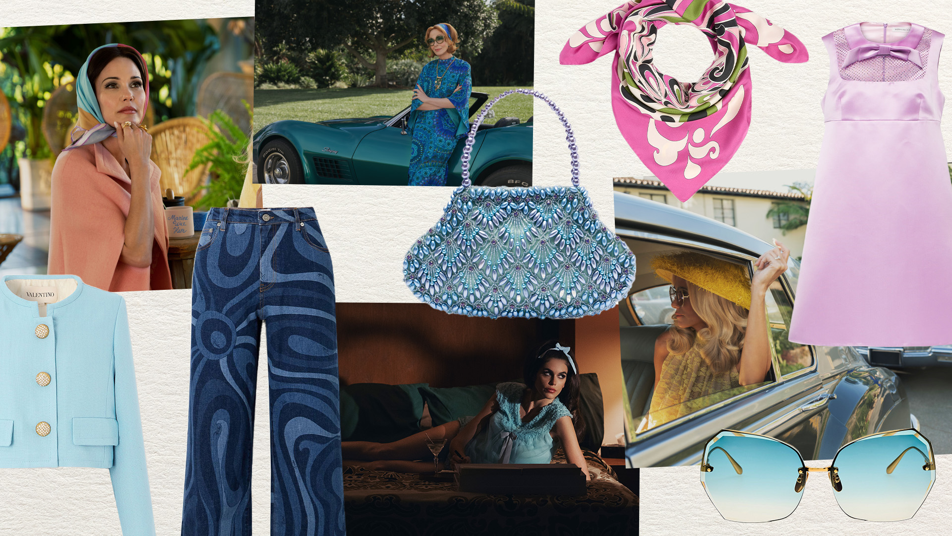 A collage of products inspired by the TV show Palm Royale.