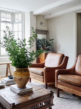 living room with pair of vintage leather chairs dark wood vintage coffee table green plants georgian bay window