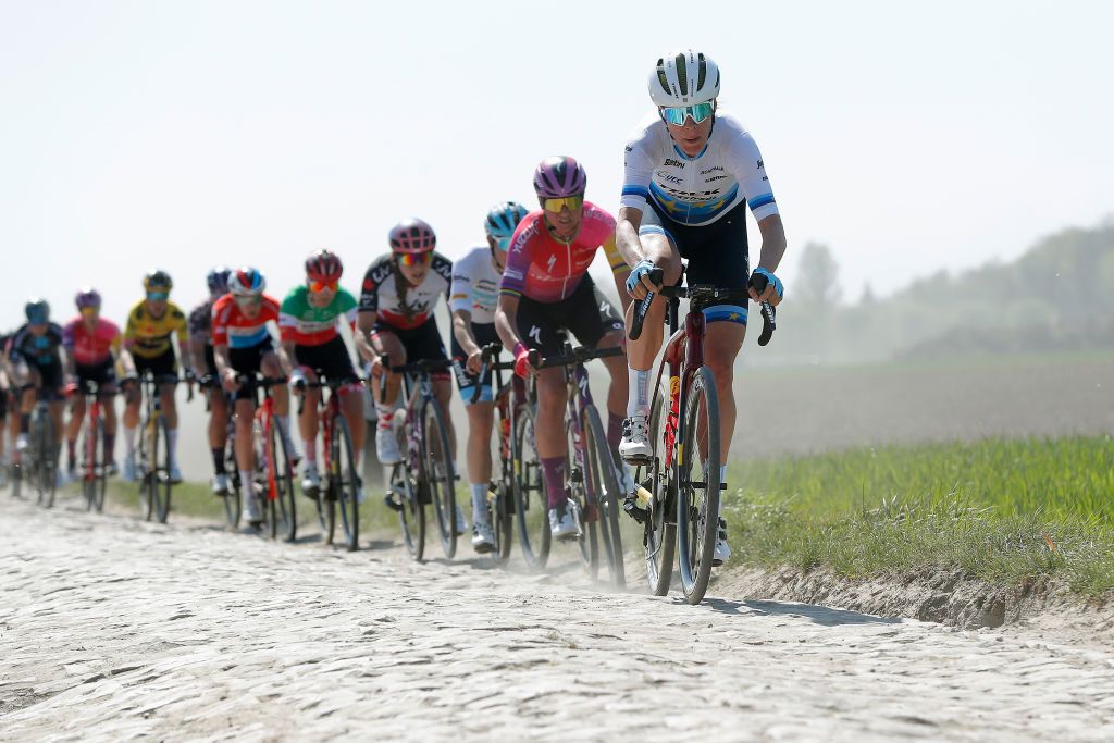 ROUBAIX FRANCE APRIL 16 Ellen Van Dijk of Netherlands and Team Trek Segafredo competes passing through a Tilloy Sars et Rosires cobblestones sector during the 2nd ParisRoubaix 2022 Womens Elite a 1247km one day race from Denain to Roubaix ParisRoubaixFemmes ParisRoubaix on April 16 2022 in Roubaix France Photo by Bas CzerwinskiGetty Images