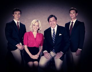 A recreation of the Menendez family photo, with the cast of 'Monsters: The Lyle and Erik Menendez Story.' From left: Nicholas Chavez as Lyle Menendez, Chloë Sevigny as Kitty Menendez, Javier Bardem as Jose Menendez, Cooper Koch as Erik Menendez