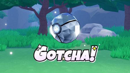 A glittering ball captures a stone type Evomon in the Roblox game. 