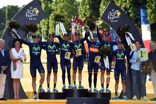 The Movistar team on stage twenty-one of the 2015 Tour de France (Watson)