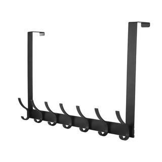 A black metal over-door coat rack with seven hooks