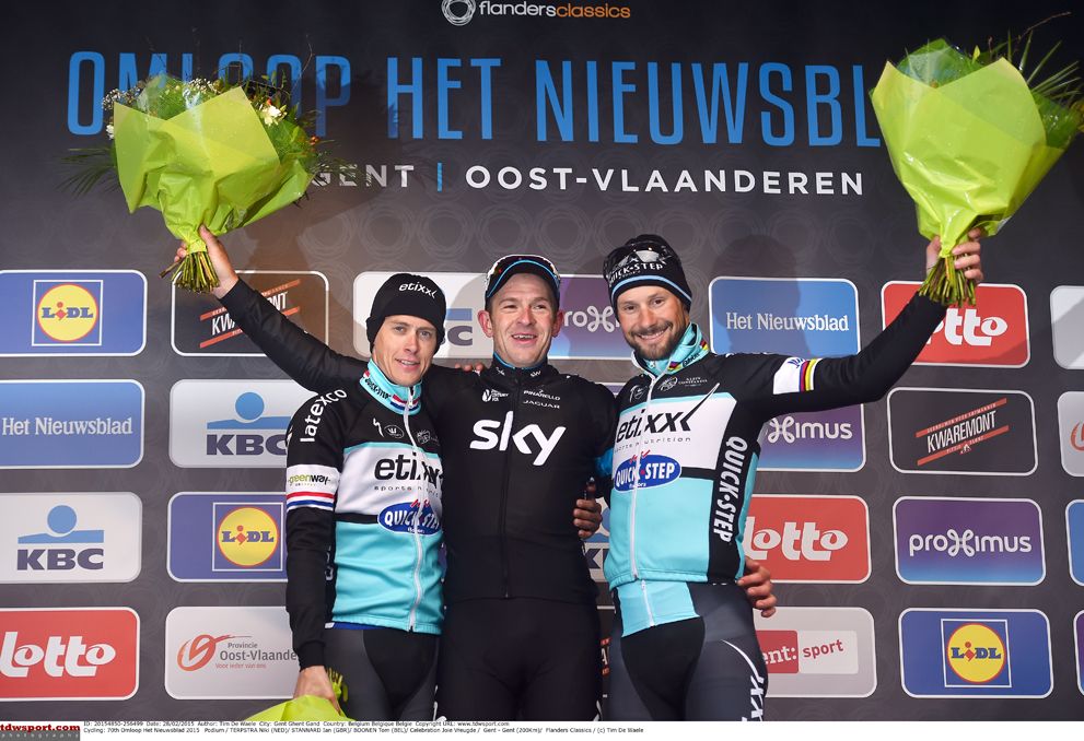 The podium at the Omloop Het Nieuwsblad