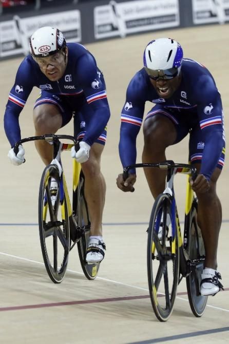 Michael Bauge wins the men's sprint ahead of his compatriot Francois Pervis during an exhibition race at the inauguration ceremony of the Saint-Quentin-en-Yvelines Velodrome