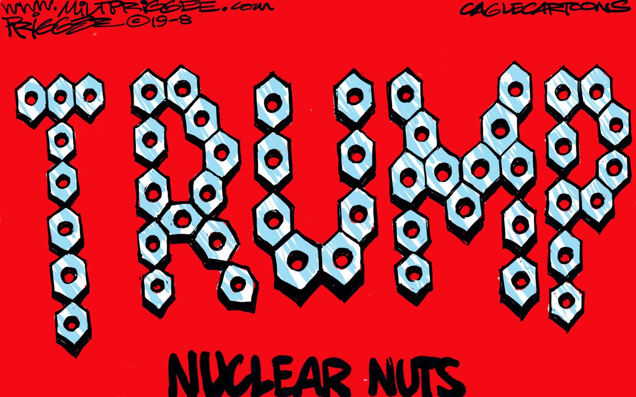 Political Cartoon U.S. Nuclear Nuts Trump Bomb Hurricane Dorian