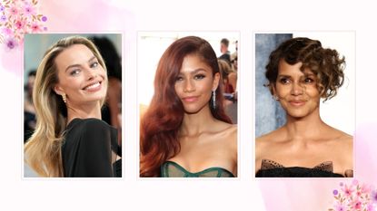Collage of Margot Robbie, Zendaya, and Florence Pugh to illustrate summer 2023 hair color trends 
