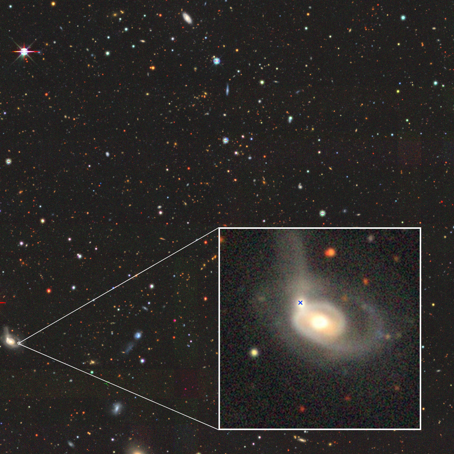 A black background punctuated by orbs of white, red and blue. Inset is a yellow swirl with a blue cross in its north-west region