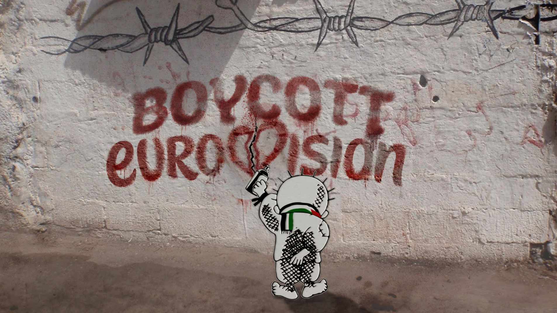 A cartoon figure sparying Boycott Eurovision on a wall