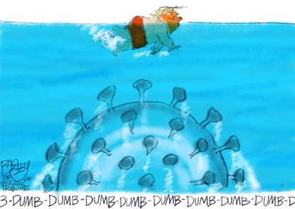 Political Cartoon U.S. Trump Coronavirus Jaws underwater swimming horror