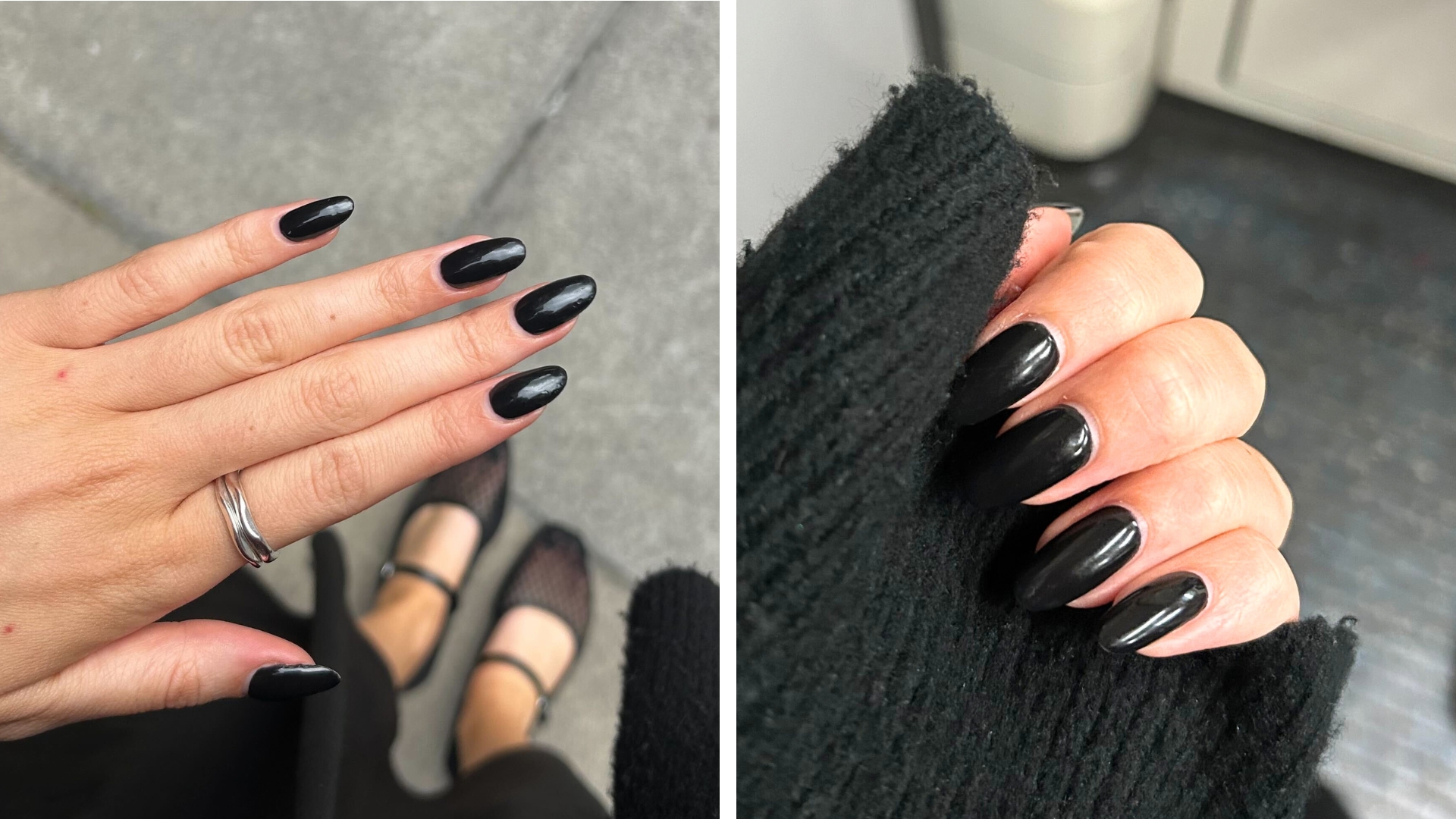 Collage of photos showing Sennen Prickett's black almond nails
