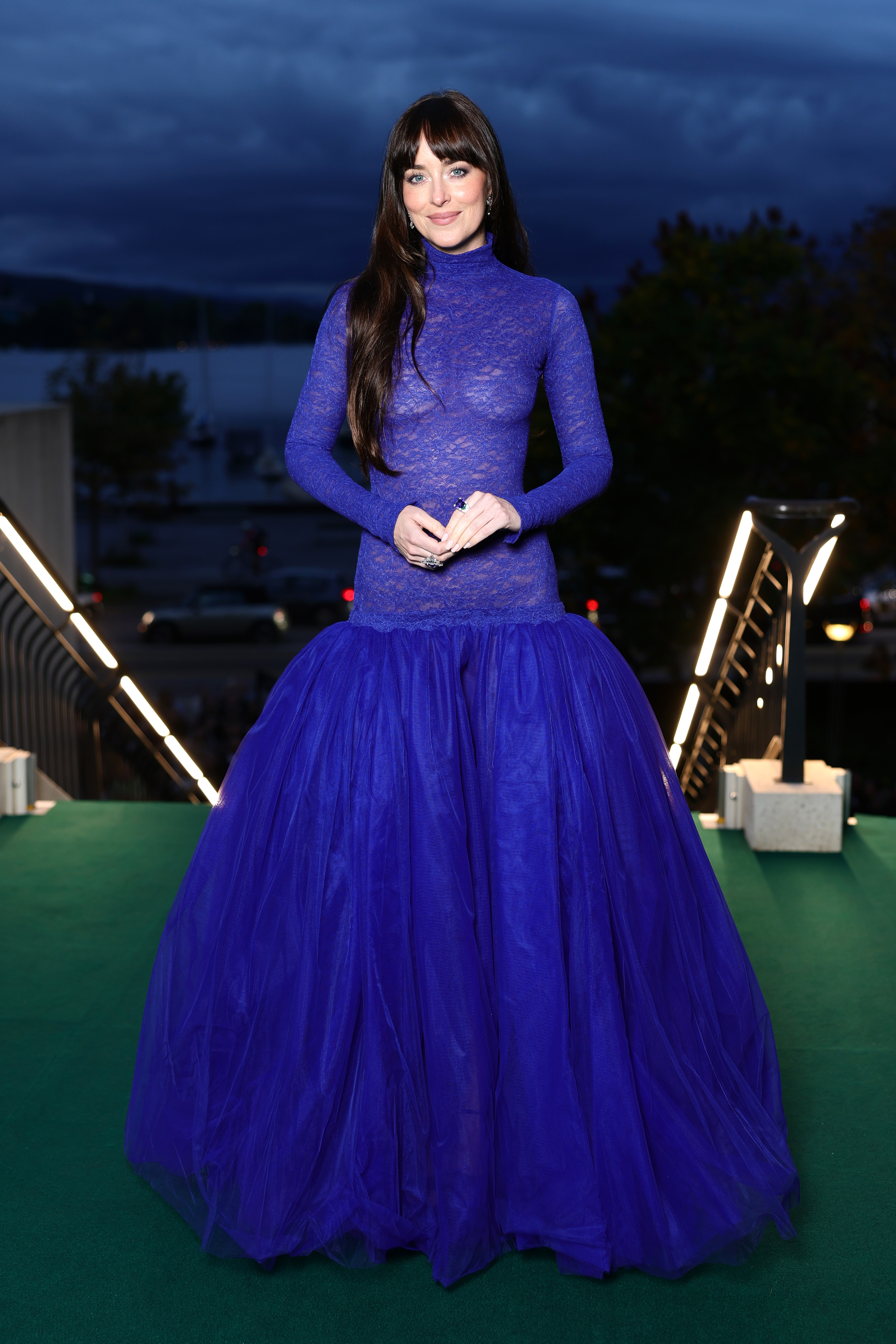 Dakota Johnson wore a cobalt blue naked ballgown from Gucci in Zurich