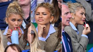 A photo of Zendaya applying lip gloss with a cherry red manicure and honey blonde curls at Wimbledon.