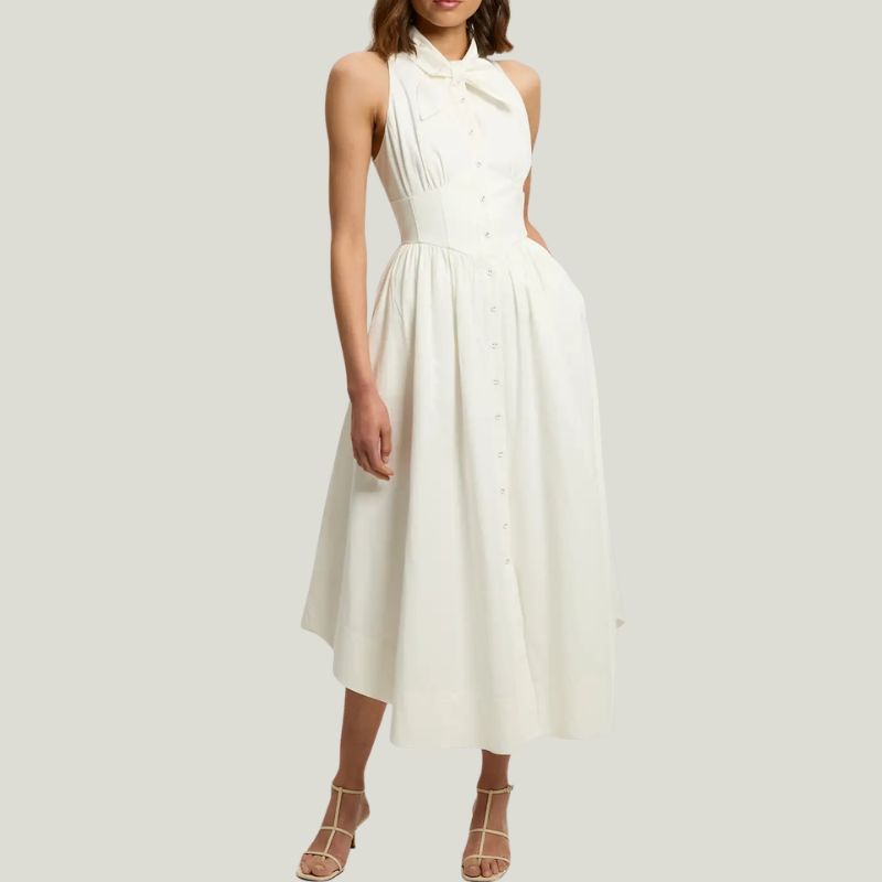 Cotton Poplin Tie Neck Midi Dress on model