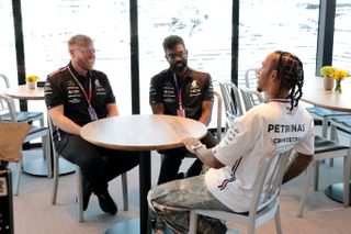 Rob and Romesh chatting to Formula 1 legend Lewis Hamilton