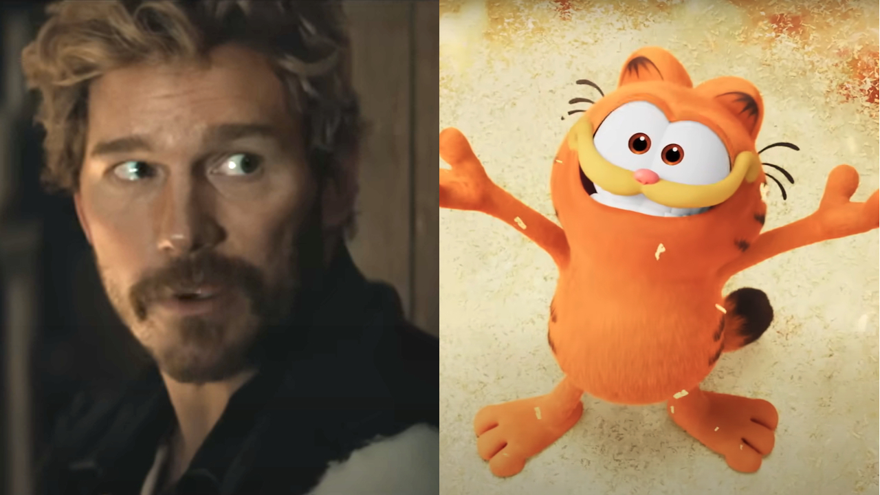 Chris Pratt looks over his shoulder in conversation in The Electric State, pictured next to an ecstatic Garfield in The Garfield Movie.