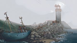 Digital art landscape showing a ship wrecked on rocks and a lighthouse in the background