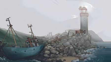 Digital art landscape showing a ship wrecked on rocks and a lighthouse in the background