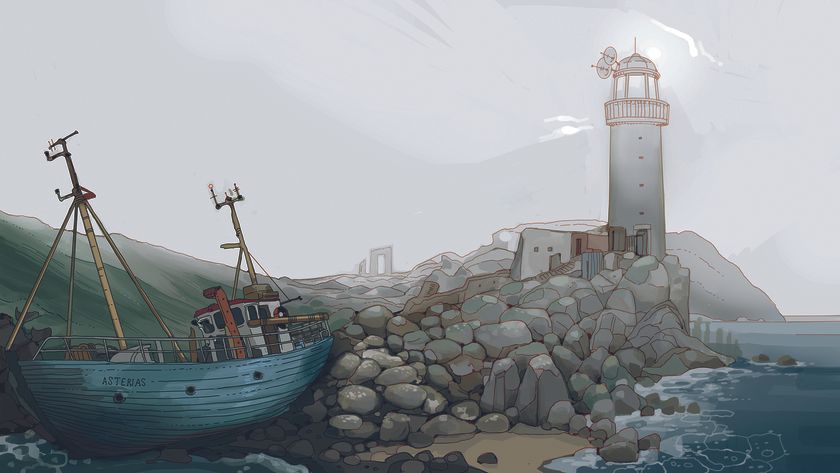 Digital art landscape showing a ship wrecked on rocks and a lighthouse in the background