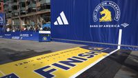 The finish line before the start of the 2024 Boston Marathon