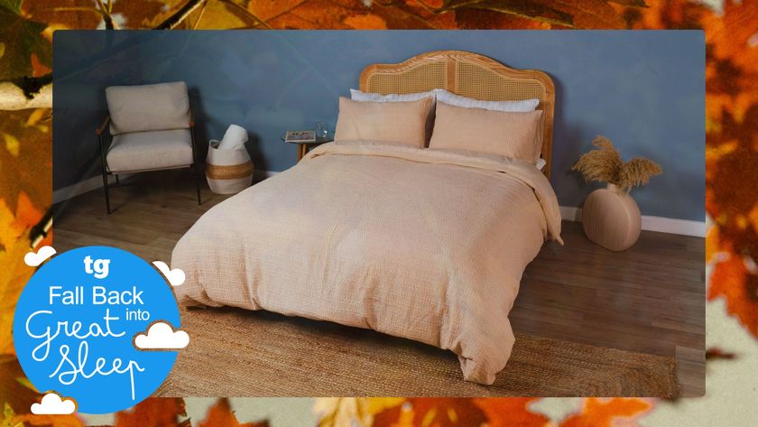A bed dressed in beige sheets on a wooden bed frame with rattan headboard in bedroom with blue wall and bedside chair on a background of autumnal leaves and Tom&#039;s Guide&#039;s Fall Back into Great Sleep campaign logo 
