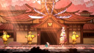 A screenshot from Bō: Path of the Teal Lotus, with the protagonist facing a tall figure in front of a large building.