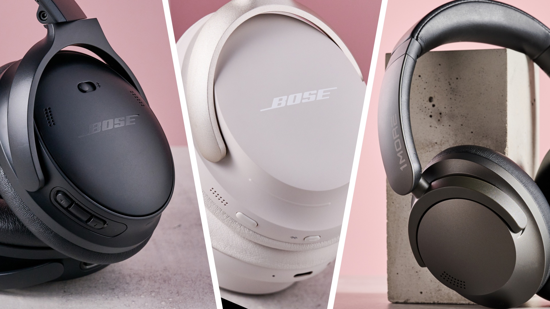 3-way split image of Bose QuietComfort Headphones, Bose QuietComfort Ultra Headphones and 1More Sonoflow Pro headphones.