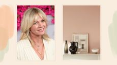 Collage of a Zoe Ball headshot and a pink painted wall on a painterly background to show the colour used in Zoe Ball's house